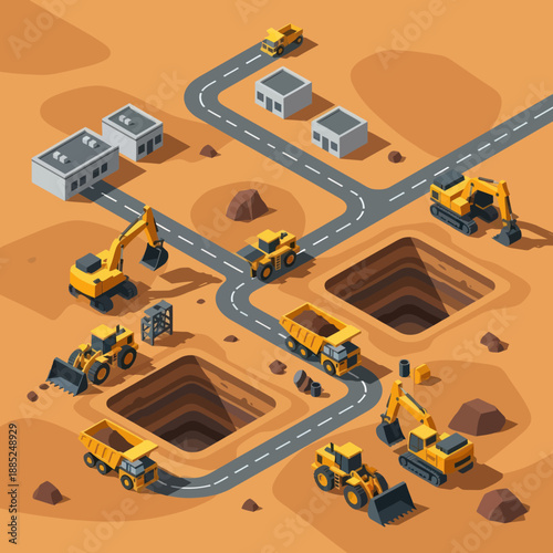 Construction Site with Heavy Machinery and Buildings.