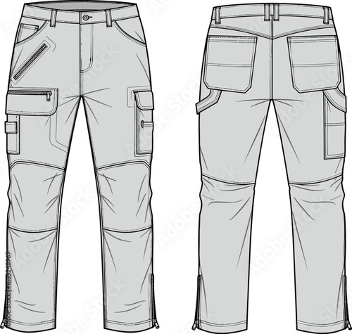 Men cargo pants technical fashion sketch front back view with multiple utility pockets isolated cad flat vector illustration