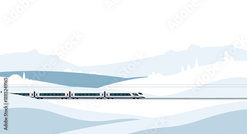 A vector illustration of a train traveling through a snowy winter landscape in Europe on a cold day.
