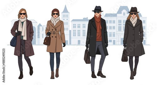 Illustration of four stylish people walking in winter attire against a European cityscape background.