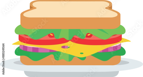 Colorful cartoon sandwich with cheese, lettuce, tomato, and onion on plate, isolated vector illustration
