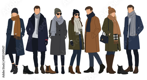 Illustration of people wearing winter clothing and standing in a row on a plain background, conveying a seasonal and cultural vibe.