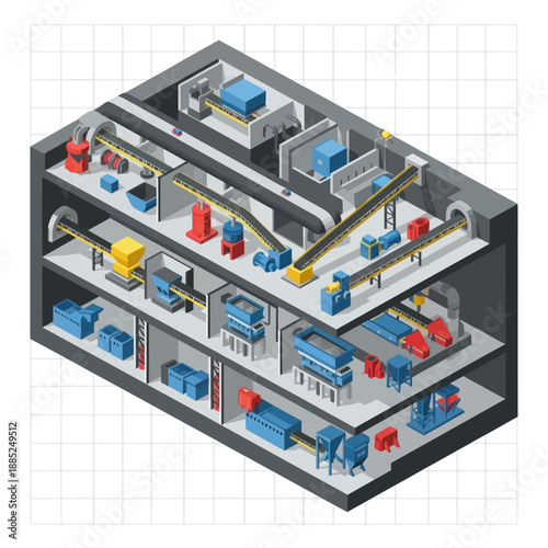 3D Isometric Factory Interior with Machinery.