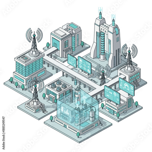 Futuristic Cityscape with Modern Buildings and Towers.