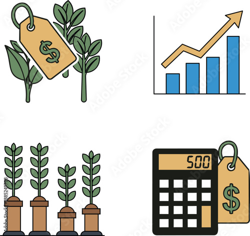 Financial Growth Icons: Money Tree, Growing Graph, Calculator, and Savings - Vector Set