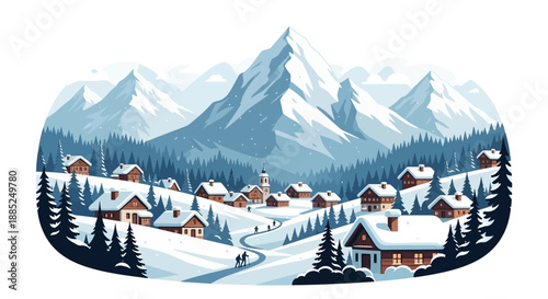 Illustration of a snowy village in the mountains during winter, with a serene landscape and evergreen trees, conveying a peaceful season's charm.
