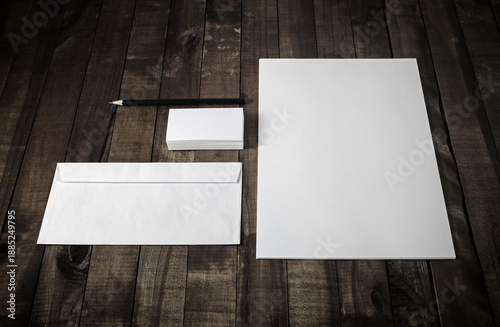 Blank stationery set on wooden surface. Corporate identity mock up for placing your design. Stationery mock up.