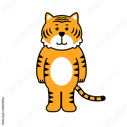 ゆるい虎キャラクターイラスト　立ちポーズの動物マスコット　シンプルで親しみやすい手描き風デザイン素材