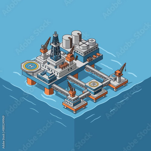 Offshore Oil Rig Platform 3D Illustration.