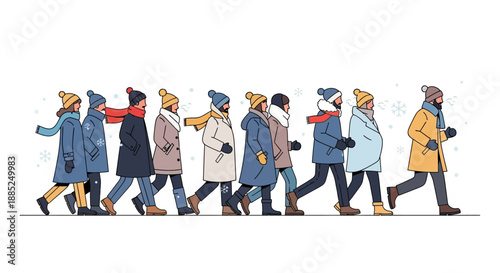 Illustration of diverse people walking in winter clothes on a white background, conveying a sense of seasonal activity and community during the cold season.