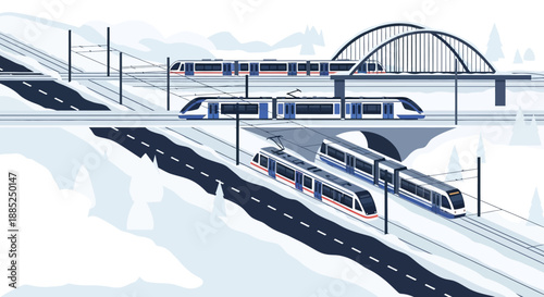 Illustration of trains on tracks in a snowy European winter landscape with a bridge in the background during the day.