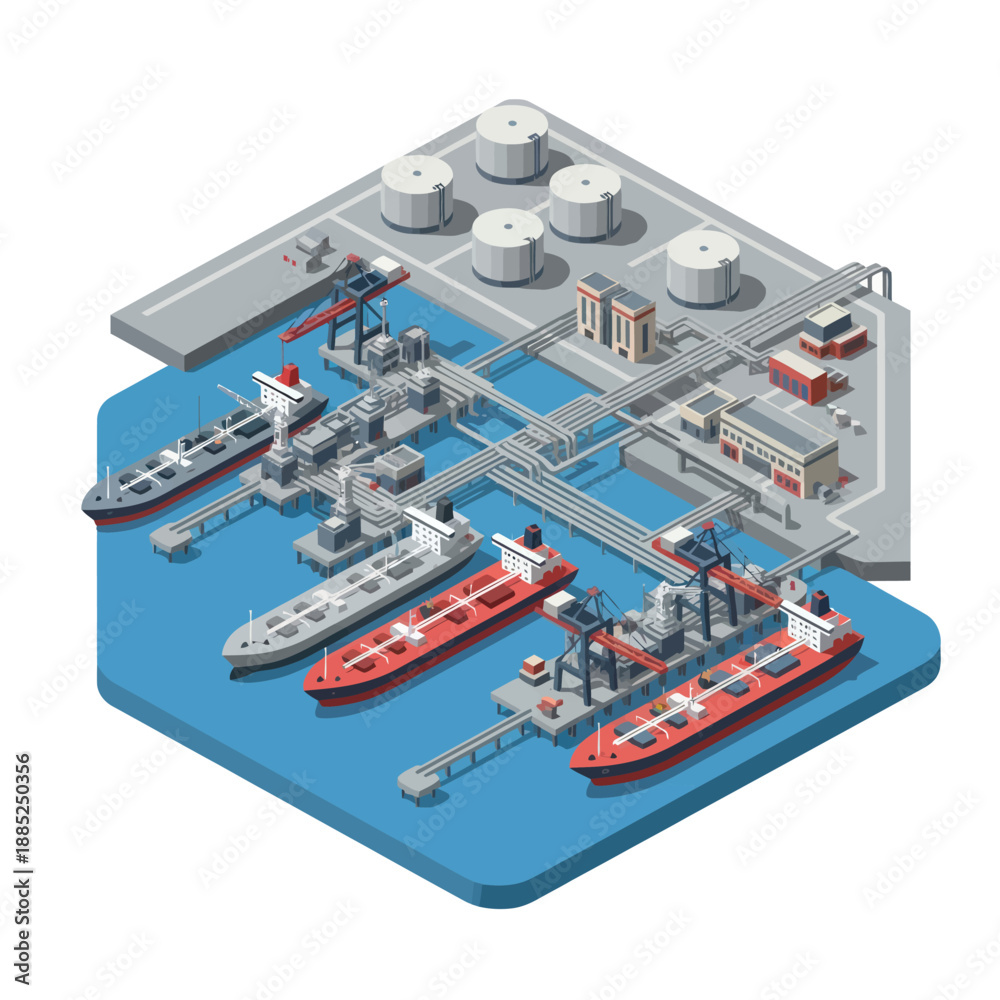 Obraz premium Industrial Oil Refinery with Ships Docked.