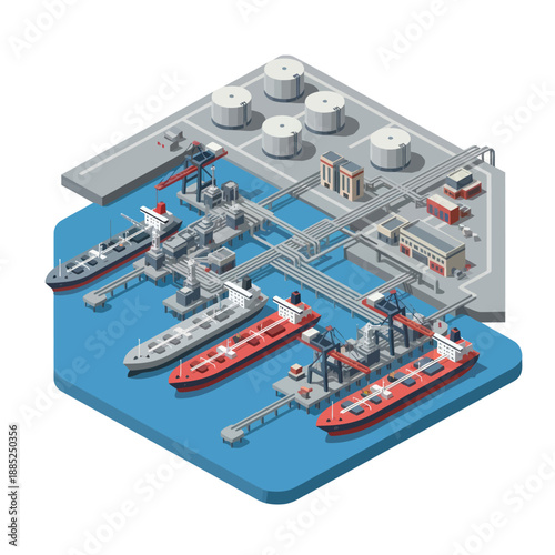 Industrial Oil Refinery with Ships Docked.