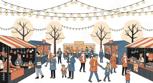 Illustration of people shopping and socializing at a winter market in Europe with bare trees and string lights, conveying a festive season atmosphere on a winter day.