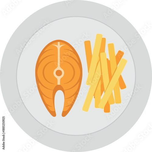 Salmon steak with French fries on plate, flat vector illustration for restaurant menu and food delivery