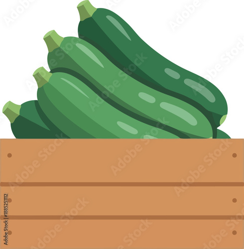 Fresh green zucchinis in wooden crate vector illustration for farmers market and organic food concepts