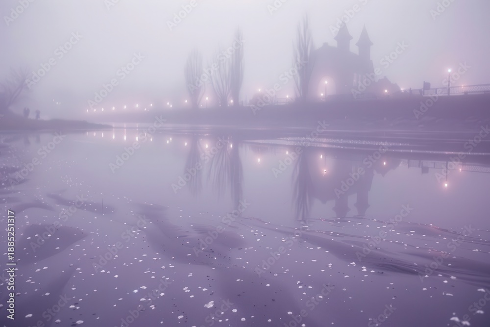 Fototapeta premium A serene, foggy landscape with a river reflecting a quaint building and lights, creating a dreamy atmosphere.