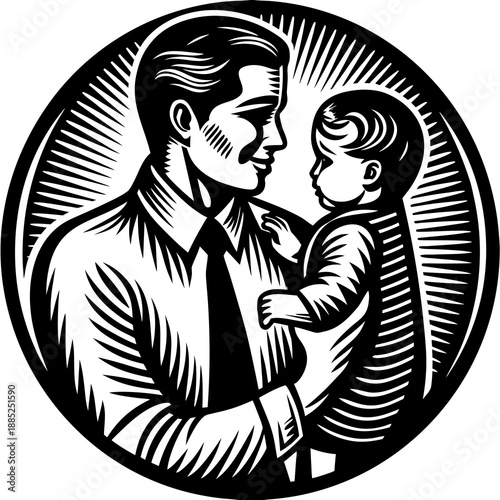 Father's Tender Embrace: A heartwarming illustration captures a father's tender embrace as he gazes lovingly at his infant child, the bond between them radiating warmth and affection.