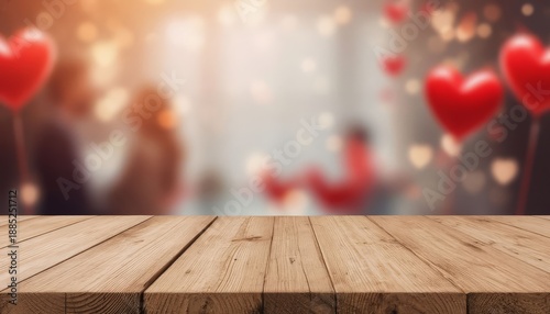 Wooden table with a blurry background and red heart balloons. The balloons are scattered around the table. Product card copy space marketplace background. Valentine's Day
