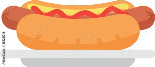 Vector illustration of classic hot dog with mustard and ketchup on plate, isolated on white background
