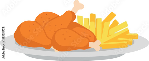 Fried Chicken Drumsticks and French Fries on Plate Vector Illustration for Fast Food Menu