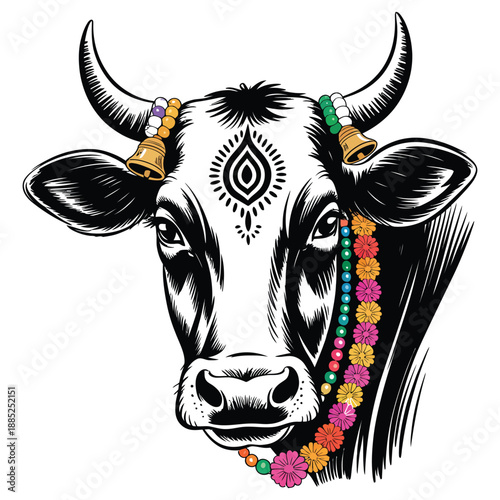Decorated cow head portrait with bells on horns and colorful flower garland, intricate traditional markings on forehead, animal close-up