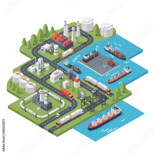 Isometric Industrial Complex with Transportation Infrastructure.