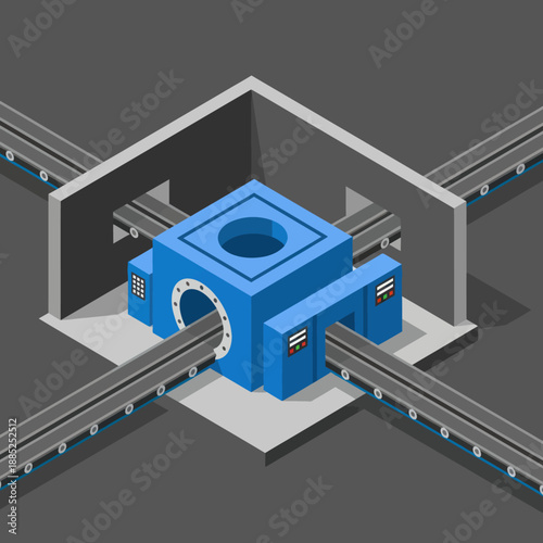 Blue Industrial Machine with Conveyor Belts.