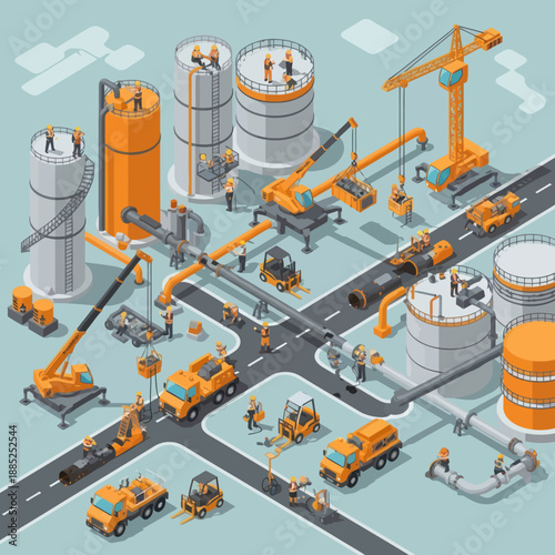 Industrial Facility with Construction Equipment and Vehicles.