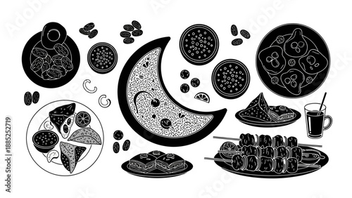 Vector pizza and coffee icons set, for menu or food delivery website, black and white isolated on White Background