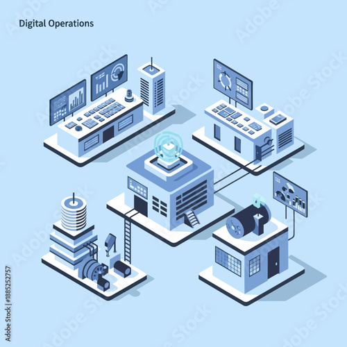Isometric Digital Operations Center with Various Servers.