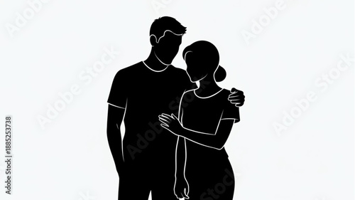 Silhouetted Couple Embracing Affectionately Against White Background.