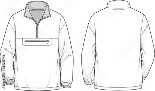 Men pullover jacket technical fashion sketch front back view with half zip high collar isolated cad flat vector illustration
