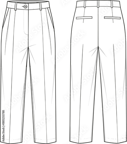 Men formal trousers technical fashion sketch front back view with waistband belt loops pockets isolated cad flat vector illustration