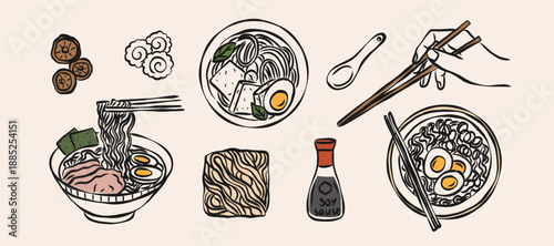 Flat vector doodle ramen noodles illustration