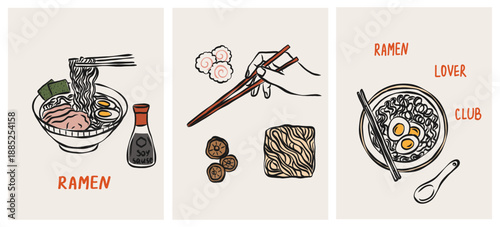 Flat vector doodle ramen noodles posters