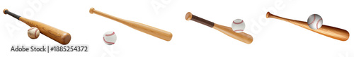 a series of detailed 3d renders depicting various baseball bats and baseballs, perfectly isolated for design projects.