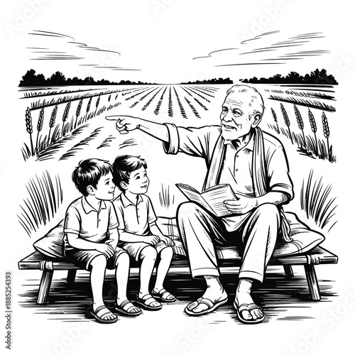 Grandfather reading book to two grandsons in field, pointing at crops, storytelling, wise elder, rural landscape, vintage style drawing