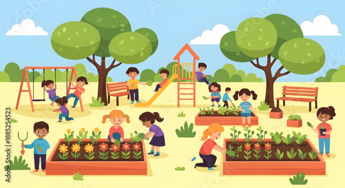 Children enjoying a sunny day in the park gardening and playing together