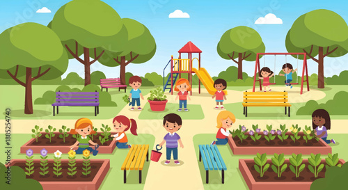 Children playing and gardening in a vibrant sunny park scene