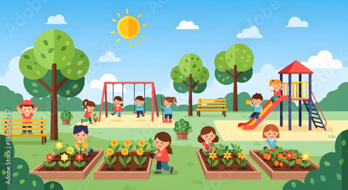 Children enjoying a sunny day at the park with playground and garden