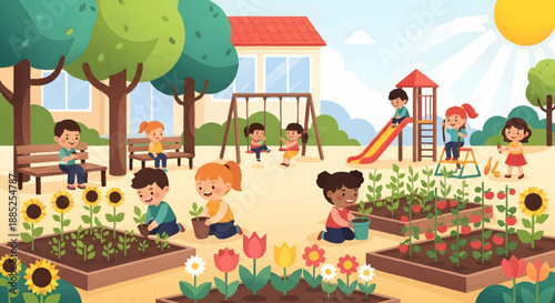 Children enjoying a sunny day in a vibrant park and garden setting