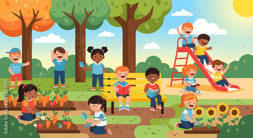 Children playing and gardening in a vibrant park on a sunny day
