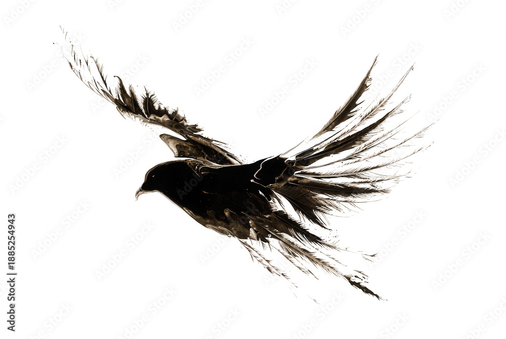 Fototapeta premium Black Bird Flying Silhouette Isolated on Transparent Background High Detail Wingspread