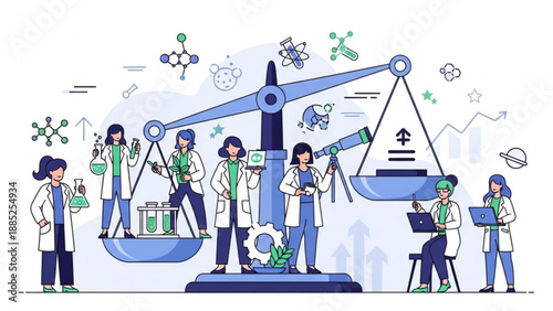 Scientists in lab coats balancing chemical compounds on a giant scale with various scientific symbols floating around
