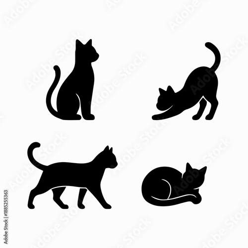 Black Cat Silhouette Set - Sitting, Walking, Stretching and Curled Cat Poses Vector Illustration