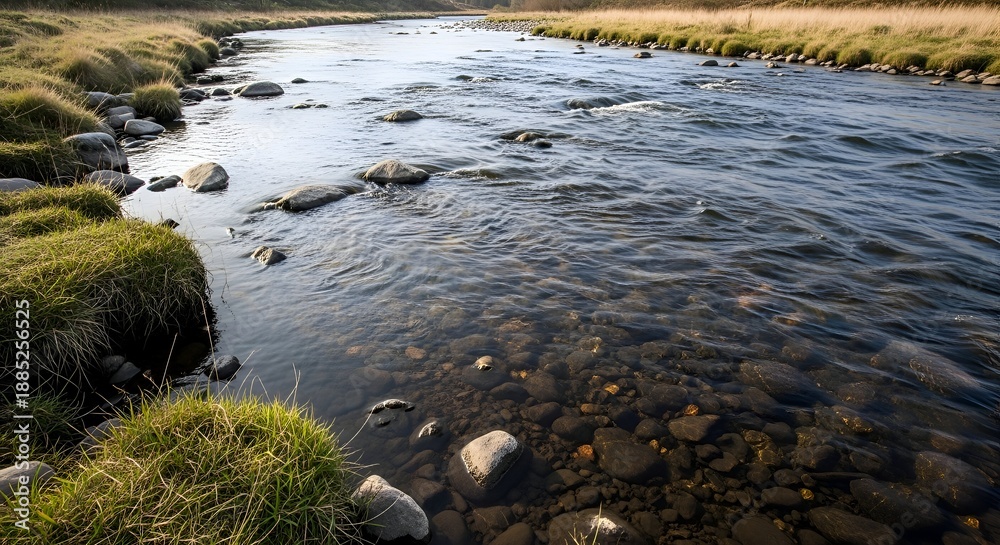 Obraz premium A clear, shallow river flows over visible rocks with grassy banks under natural light, creating a serene outdoor landscape.