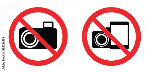 No photographing prohibition sign symbols, showcasing clear photo, video, and mobile phone restriction icons as vector illustrations.