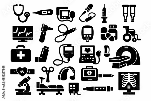 Medical equipment icons: stethoscope, syringe, crutches, and more