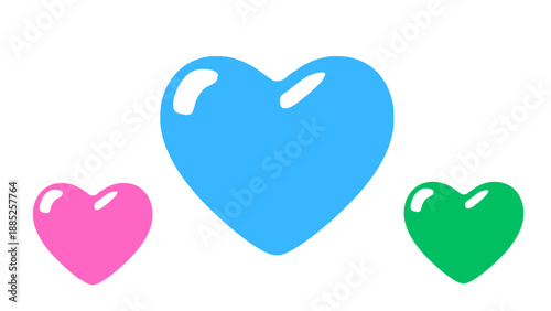 Set of colorful heart icons in flat style representing love, emotion, and affection. Suitable for apps, web design, and romantic graphics.
